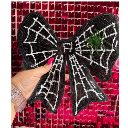Black Spooky Bow Large Iron On Patch - My Vinyl Craft