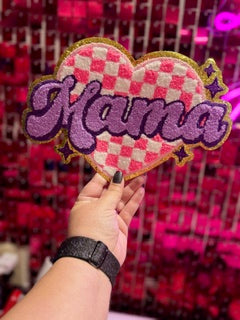 Mama Checkered Heart Chenille Iron On Patch