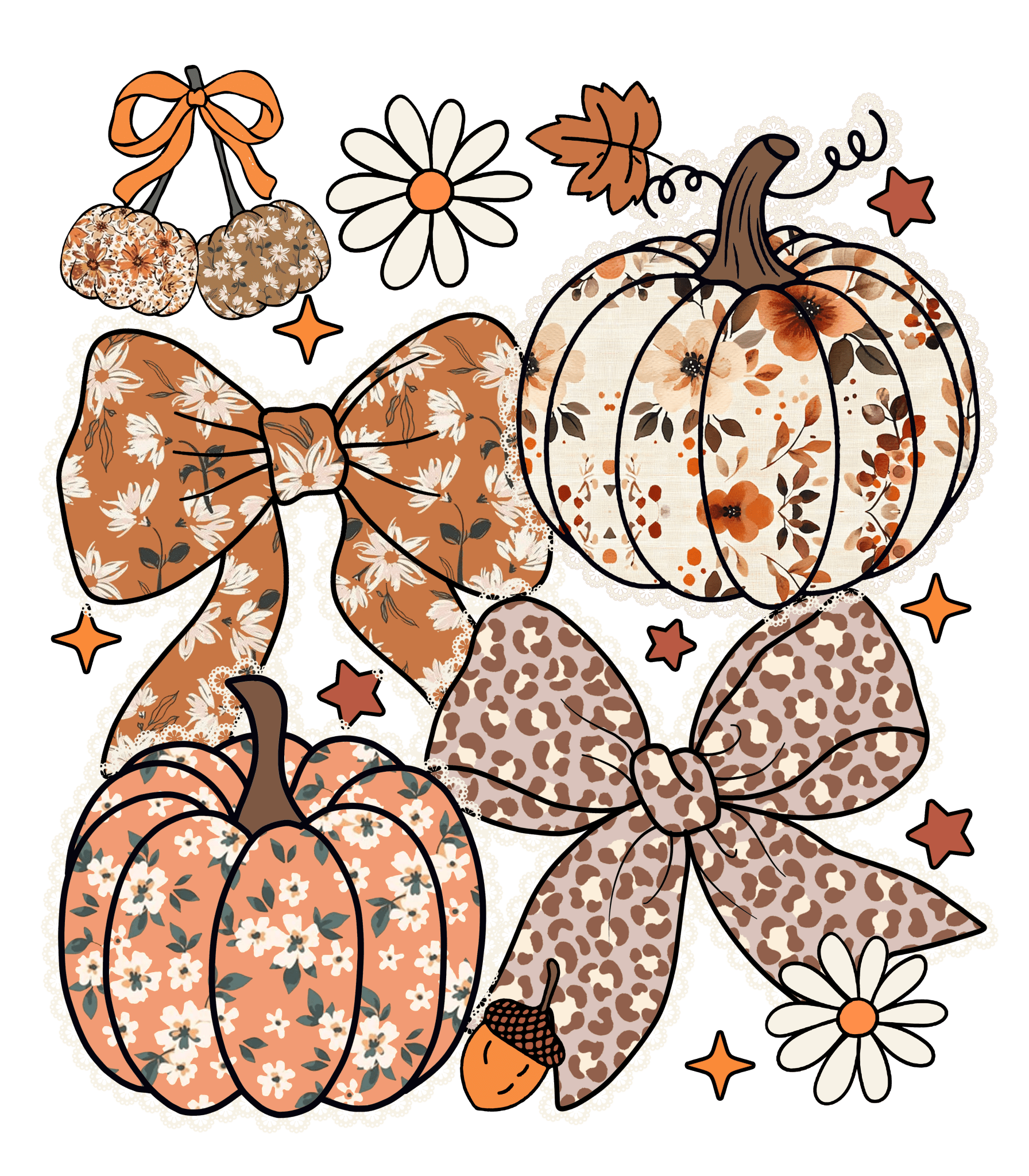 FL14 - Floral Pumpkin Bows DTF Transfer - My Vinyl Craft