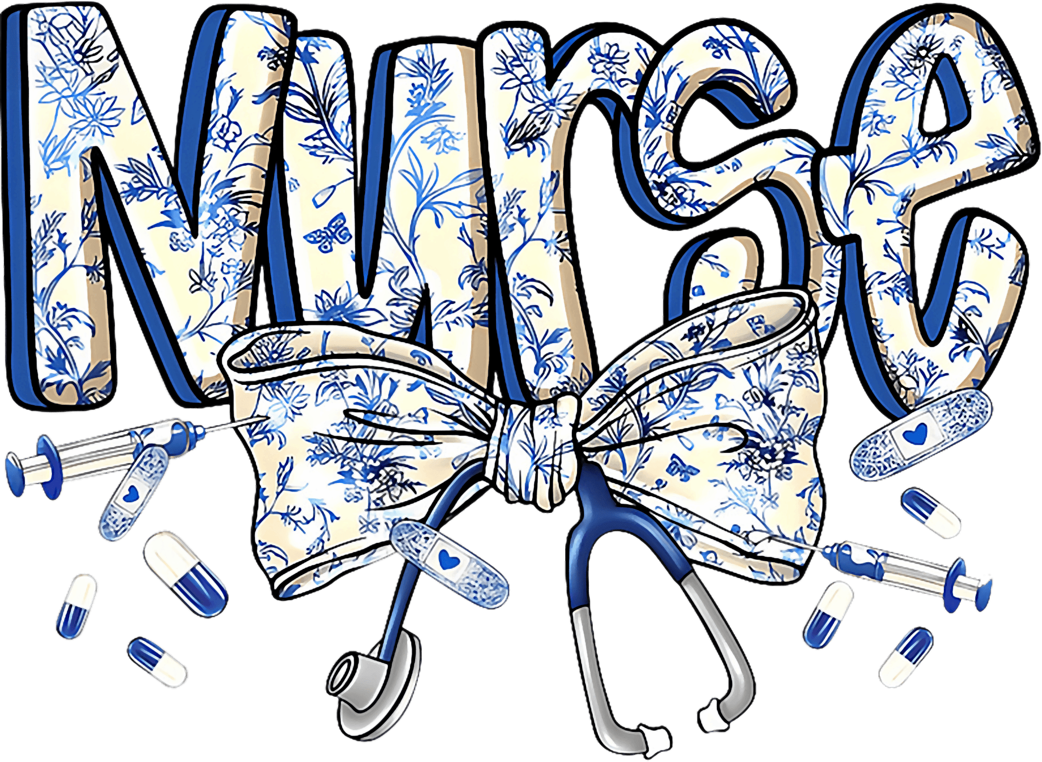 NS3 - Blue Floral Nurse DTF Transfer - My Vinyl Craft
