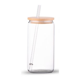 Libbey Glass Cup With Straw And Bamboo Lid.
